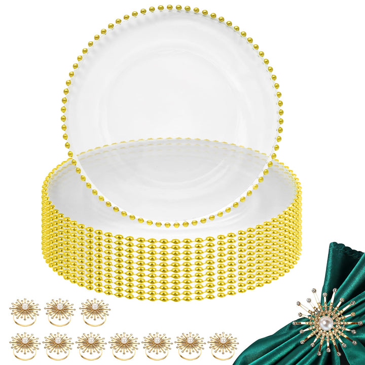 WedDecor Set mit 12 Platztellern und Serviettenringen, Tafelaufsatz aus klarem Glas mit Perlenteller