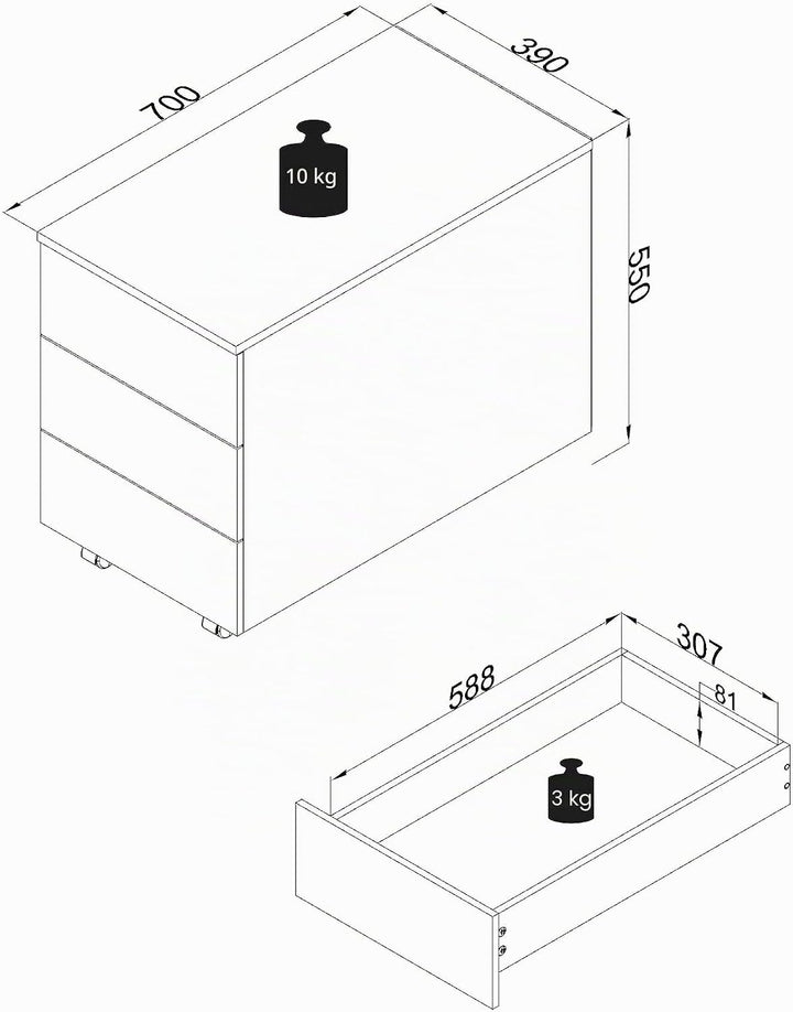 VCM Rollcontainer | Beistellcontainer mit Schubladen |Masse ca. H. 55 x B. 39 x T. 70 cm | Büroconta