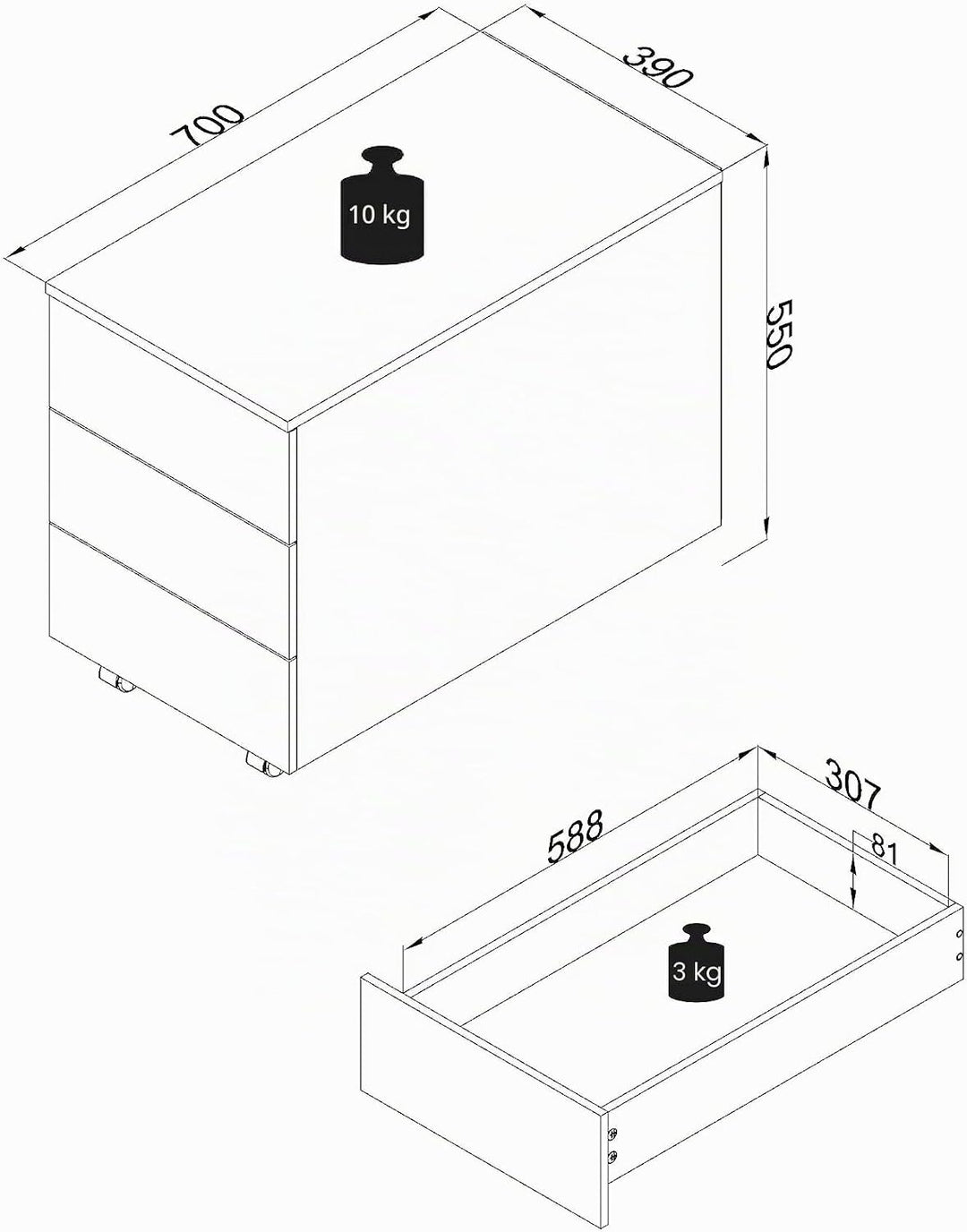 VCM Rollcontainer | Beistellcontainer mit Schubladen |Masse ca. H. 55 x B. 39 x T. 70 cm | Büroconta