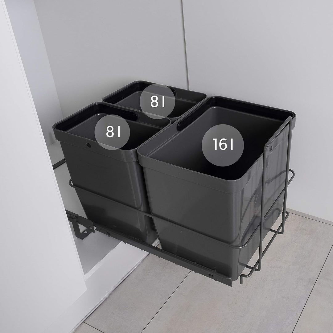 LM 79/3 Mülleimer Küche Unterschrank ausziehbar 3 Fächer Biomülleimer, Mülltrennsystem 1x16L 2x8L Ab