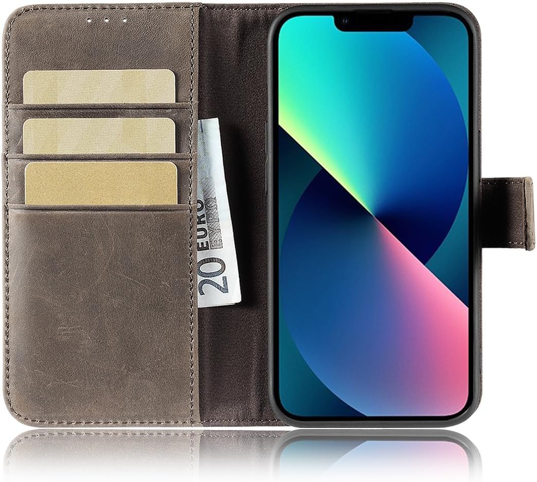 LENSUN Lederhülle für iPhone 13 5G, Handyhülle [Echtes Leder][Bookstyle][RFID Schutz] Echtleder Hüll