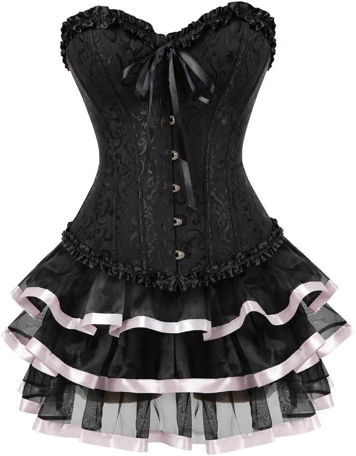 Korsett Damen Rock Corset Dress Corsagenkleid Kleid Elegant Burlesque Gothic Frauen XXS Black Pink,