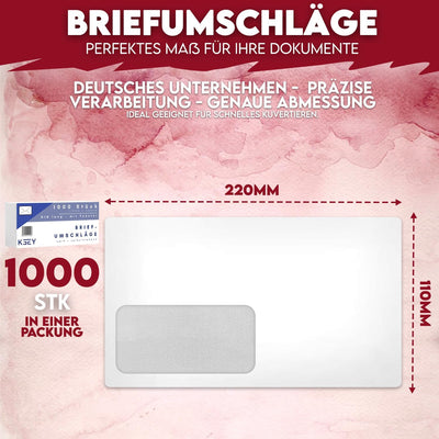 1000 Briefumschläge mit Fenster DIN Lang, 110mm x 220mm, 80g/m² Papier, weisse Briefumschläge mit gr