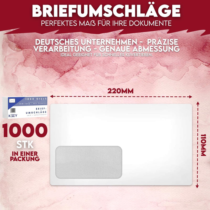 1000 Briefumschläge mit Fenster DIN Lang, 110mm x 220mm, 80g/m² Papier, weisse Briefumschläge mit gr