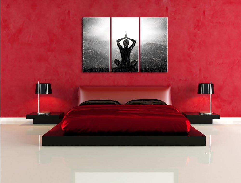 Pixxprint Meditierender Mann in den Bergen Kunst Kohle Effekt 3-Teiler Leinwandbild 120x80 Bild auf