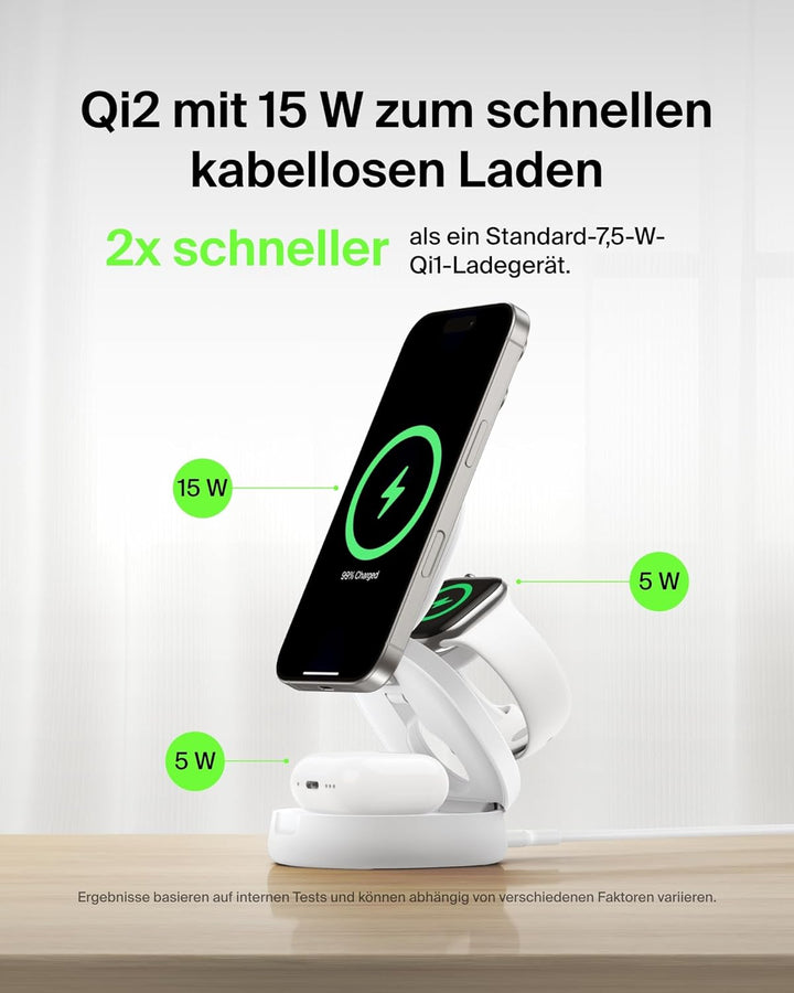 Belkin BoostCharge 3-in-1 Induktive Ladestation mit Qi2, 15W, MagSafe-kompatibles Ladegerät, Kabello