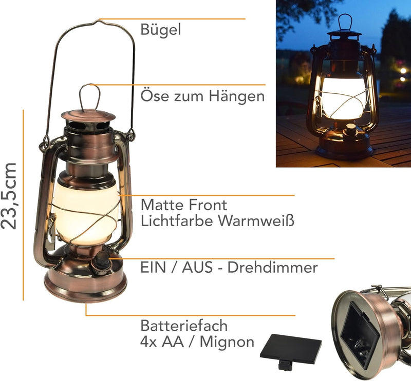 ChiliTec LED Camping Laterne Campinglampe 23cm Dimmbar Batterie 4x AA Mignon Retro Gartenlaterne mit