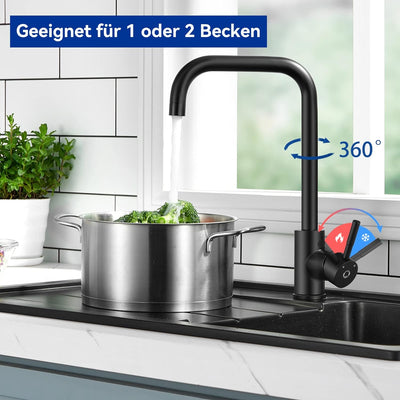 CECIPA Niederdruck Armatur Küche Schwarz, Wasserhahn Küche Schwarz mit 3 x G3/8 Anschlussschläuchen,