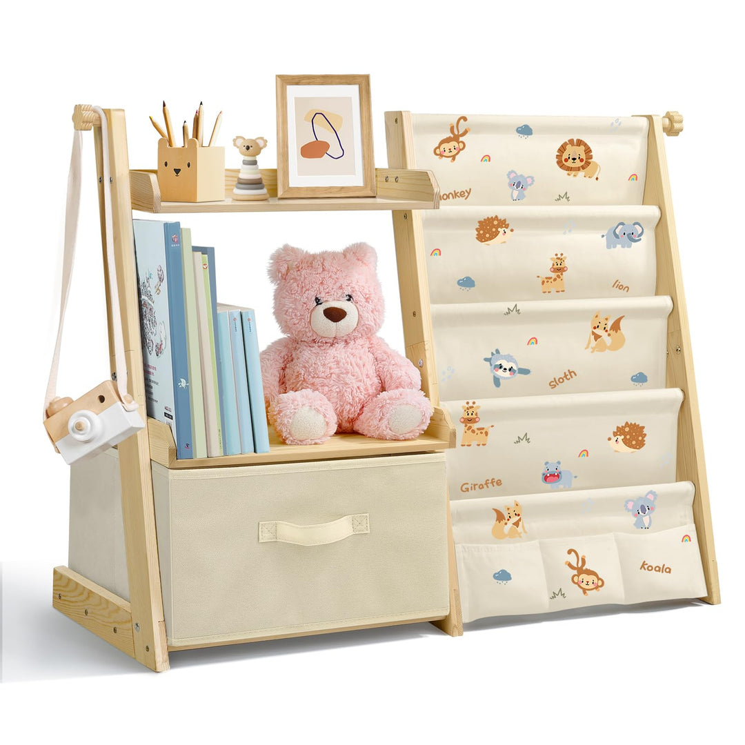 Bücherregal Kinder Kinderzimmer Spielzeug Aufbewahrung mit 4 Regalebenen & Aufbewahrungsbox, Kinderr