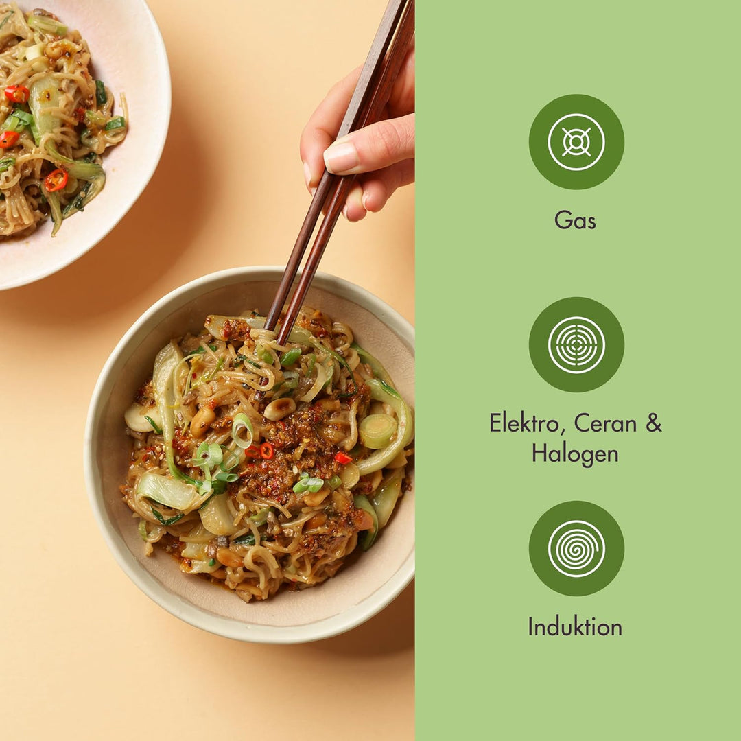 Reishunger Premium Wok aus Edelstahl | 32 cm Durchmesser | Mit Glasdeckel | Für alle Herdarten, Indu