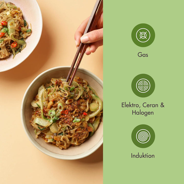 Reishunger Premium Wok aus Edelstahl | 32 cm Durchmesser | Mit Glasdeckel | Für alle Herdarten, Indu