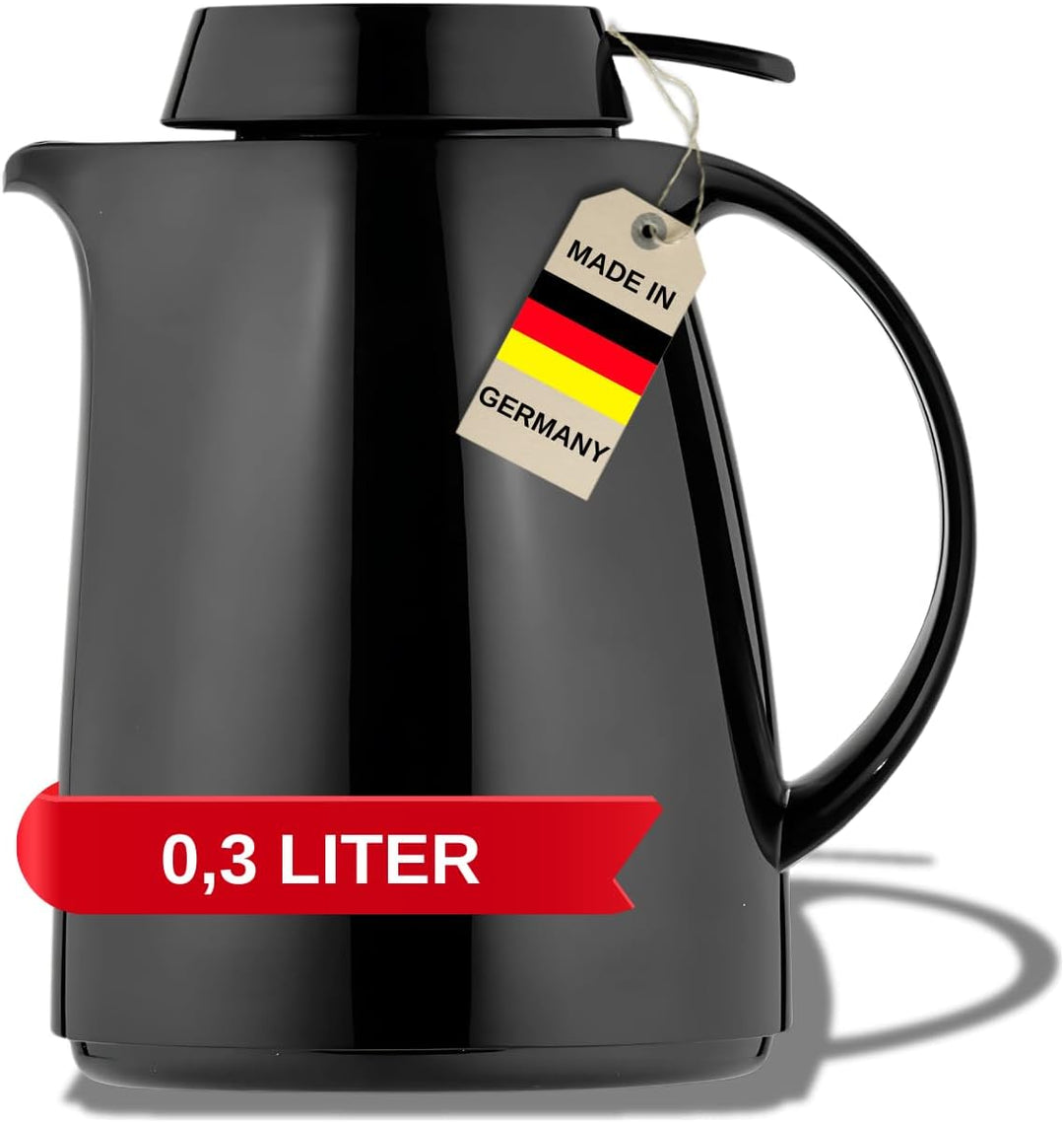 Helios Servitherm Thermoskanne Schwarz 0,3L – 6h Heiss - Hält Getränke heiss & kalt - – Einhandbedie