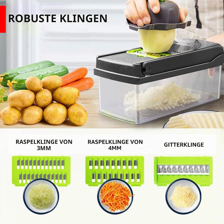 15-in-1 Gemüseschneider Edelstahl | Mandoline mit 7 Klingen | Für Zwiebeln, Kartoffeln, Gurken | Ink