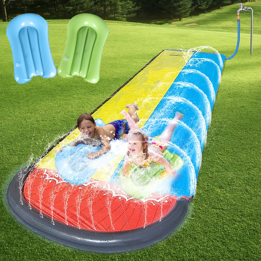 Wasserrutsche Garten, 6.1x1.4M Doppel Wasser Rutsche, Wasserspielzeug Wasserrutschmatte mit 2 Bodybo