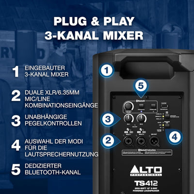 Alto Professional TS412–2500W 12" Aktiver PA-Lautsprecher mit 3- Kanal Mixer, Bluetooth-Streaming, d