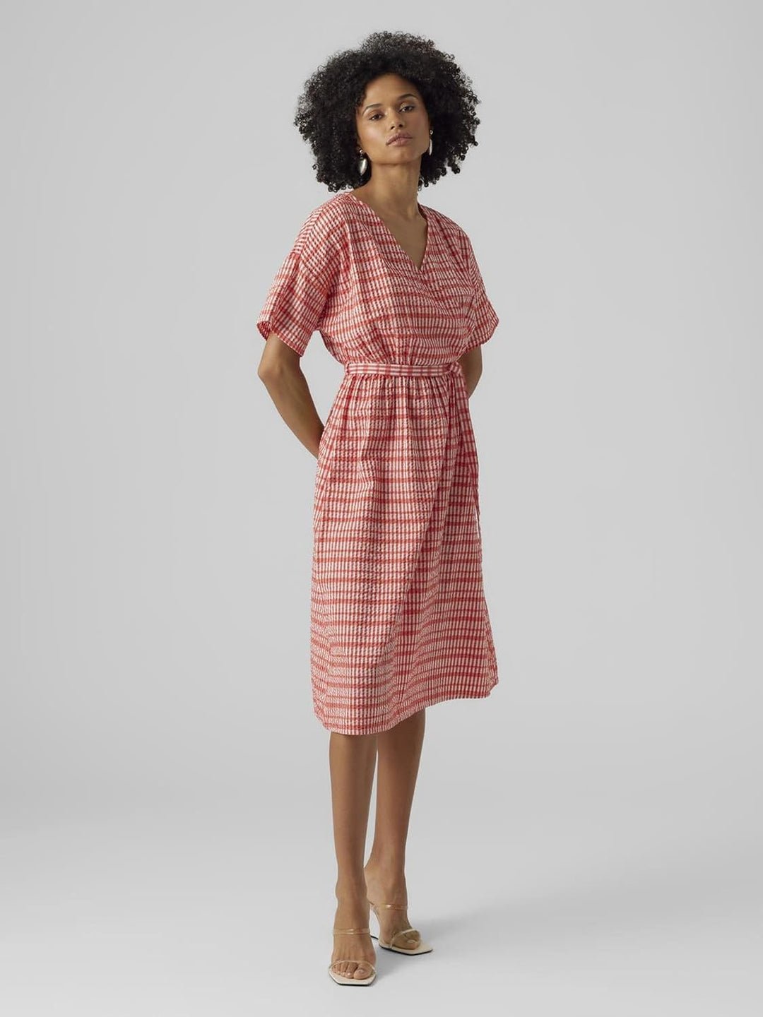 VERO Moda Damen Vmdixie 2/4 Wrap Calf Dress WVN Kleid S Bittersweet/Checks:snow White, S Bittersweet