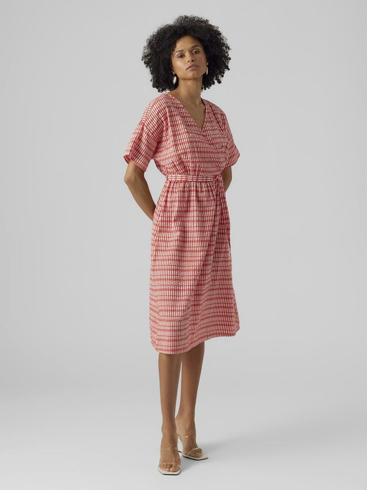 VERO Moda Damen Vmdixie 2/4 Wrap Calf Dress WVN Kleid S Bittersweet/Checks:snow White, S Bittersweet