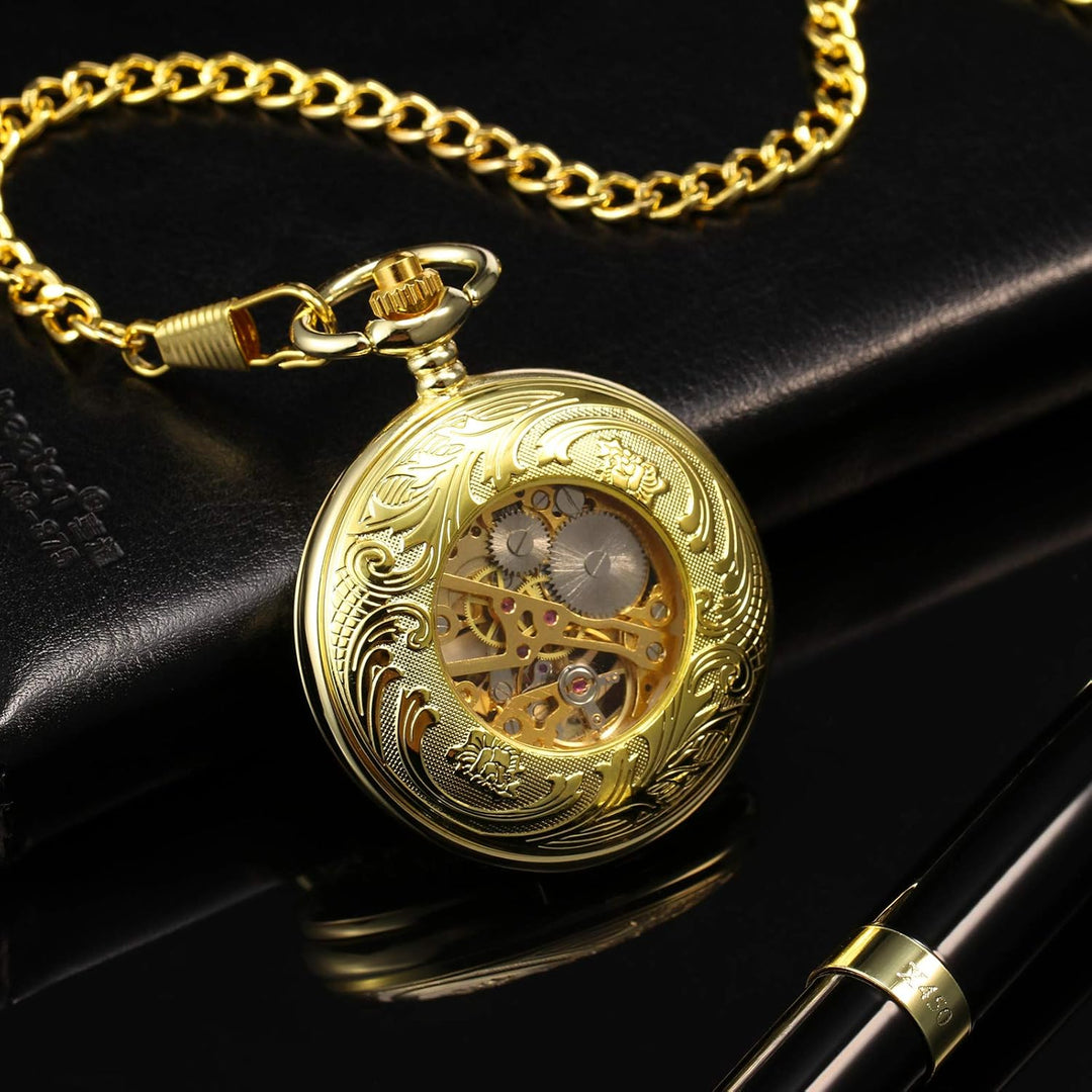 TREEWETO Unisex Taschenuhr mit Kette Analog Handaufzug Antik Zahnrad verziert Römische Gold