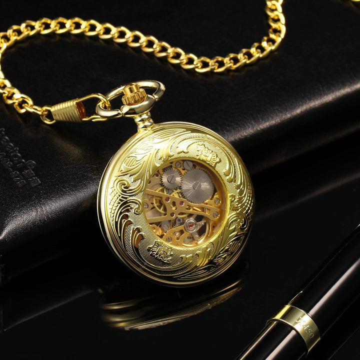 TREEWETO Unisex Taschenuhr mit Kette Analog Handaufzug Antik Zahnrad verziert Römische Gold