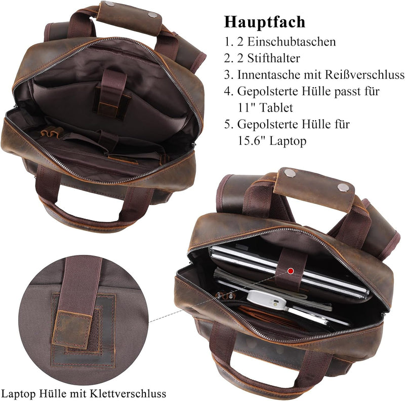 TIDING Herren Rucksack Echtes Leder Grosse Kapazität Business Reisetasche für 15,6 Laptop Tasche, Da