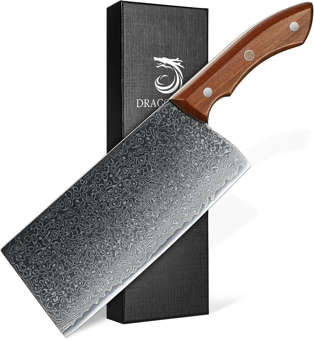 DRAGON RIOT Hackmesser Scharfes, Damastmesser Küchenbeil, Chinesisches Kochmesser 19cm, Profi Küchen