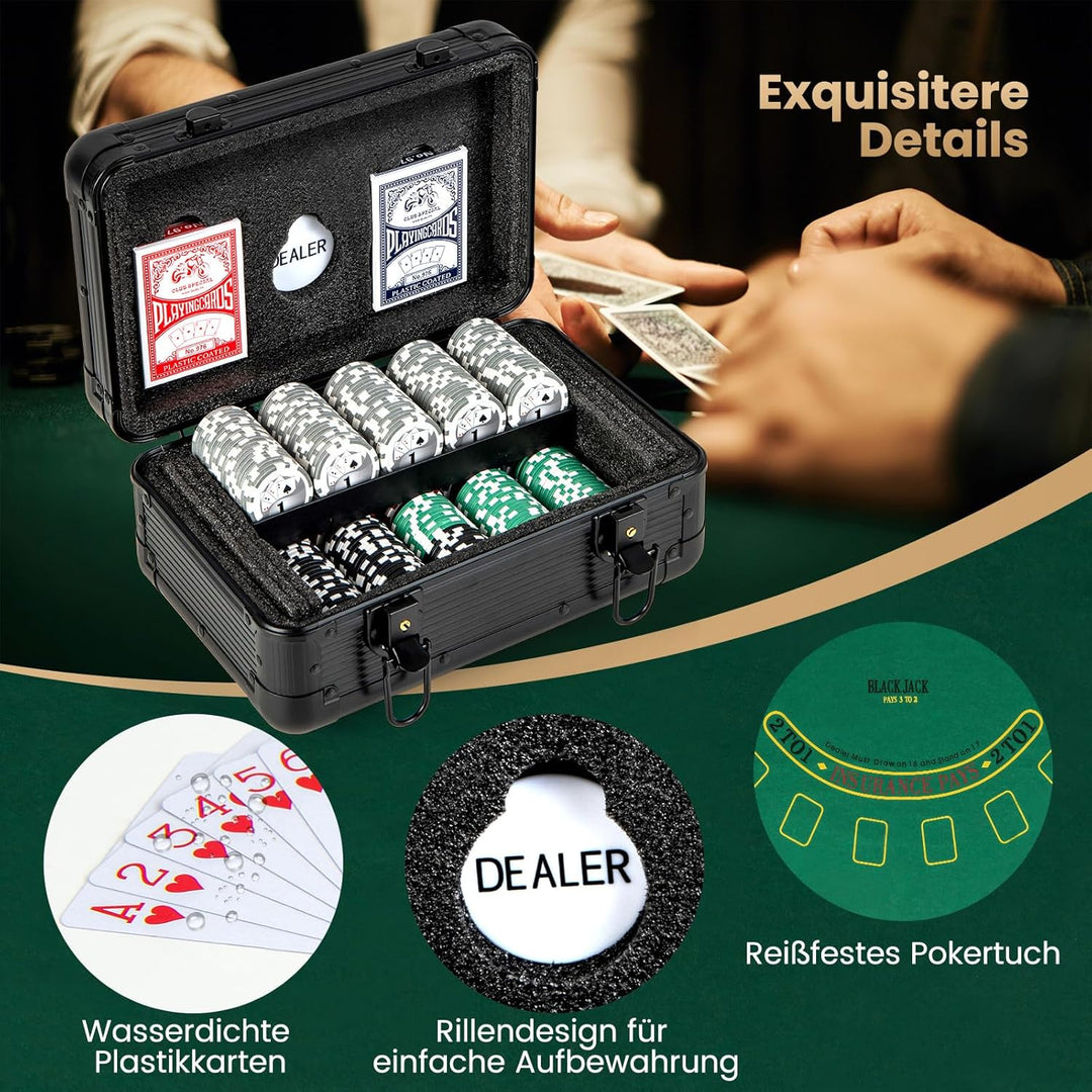 COSTWAY Pokerset mit 300 Laser-Chips, Pokerkoffer mit 2 Spielkarten, Dealer Button & 2 Schlüsseln, P