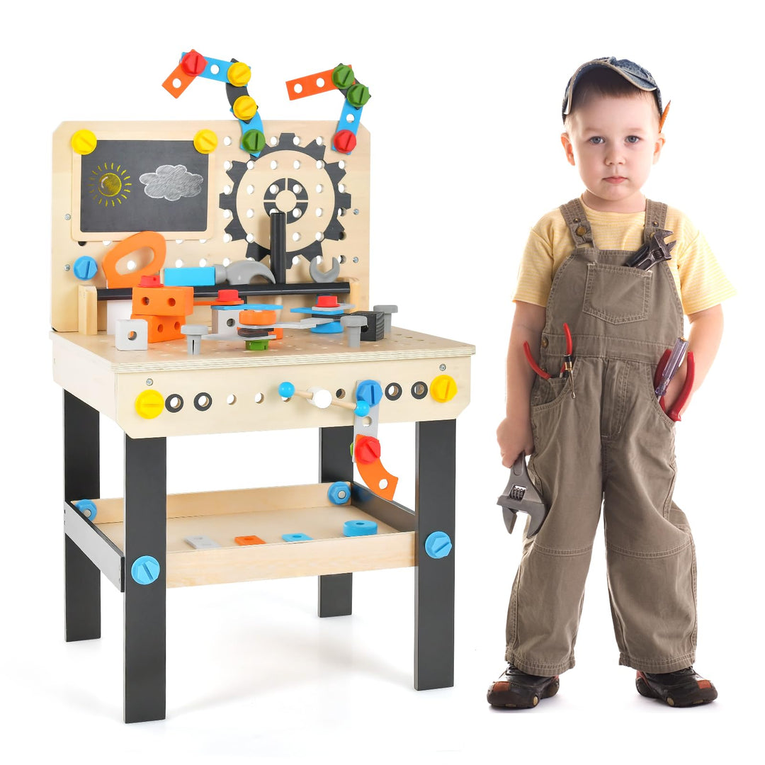 COSTWAY Werkzeugbank für Kinder, Werkbank Holz mit Tafel, hängendem Werkzeugständer &amp; Zubehör, Spiel