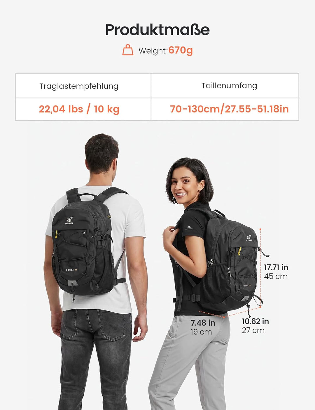 SKYSPER 22L Wanderrucksack Herren Damen Leichter Trekkingrucksack mit Belüftungsrücken Diebstahlsich