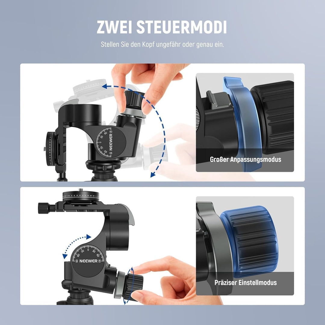 NEEWER TH15 3-Wege-Getriebe-Stativkopf mit 360°-Panorama-Arca-QR-Platte, Millimeter-Mikroeinstellung