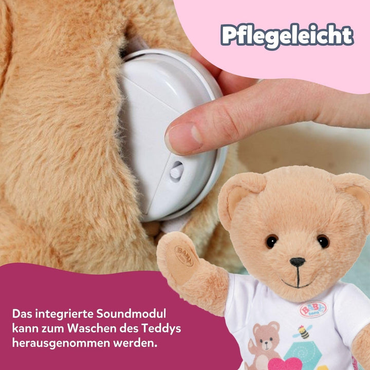 BABY born Singender Teddy, Plüschbär mit Soundfunktion, weissem Strampler und beweglichen Armen und