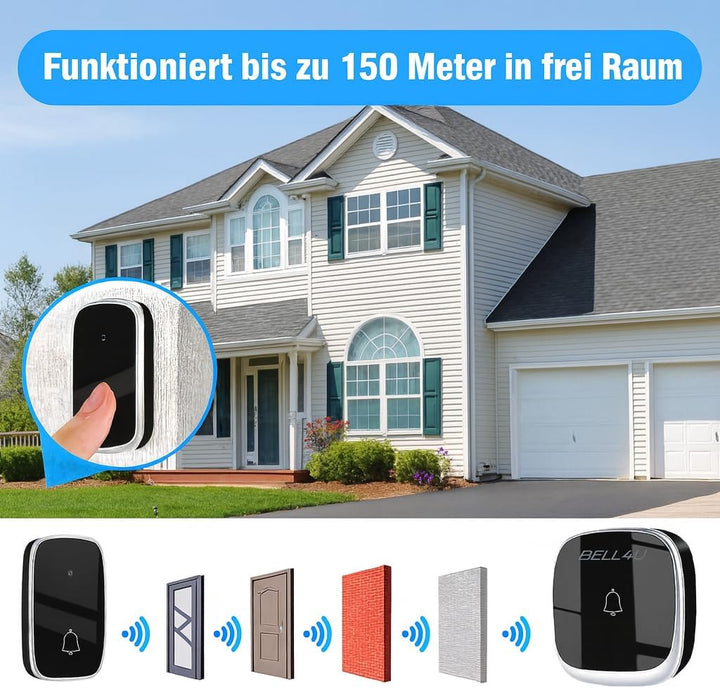 Haustürklingel Funk, Türklingel Funk Set, kabellos, ohne Batterie, Wasserdicht, mit 1 Plug-in-Empfän