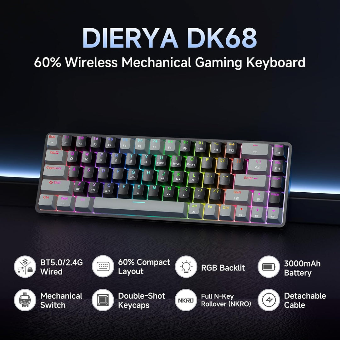 Dierya DK68 Kabellose Gaming Tastatur Bluetooth/2.4GHz/USB-C,68 Tasten RGB Beleuchtung Mechanische T