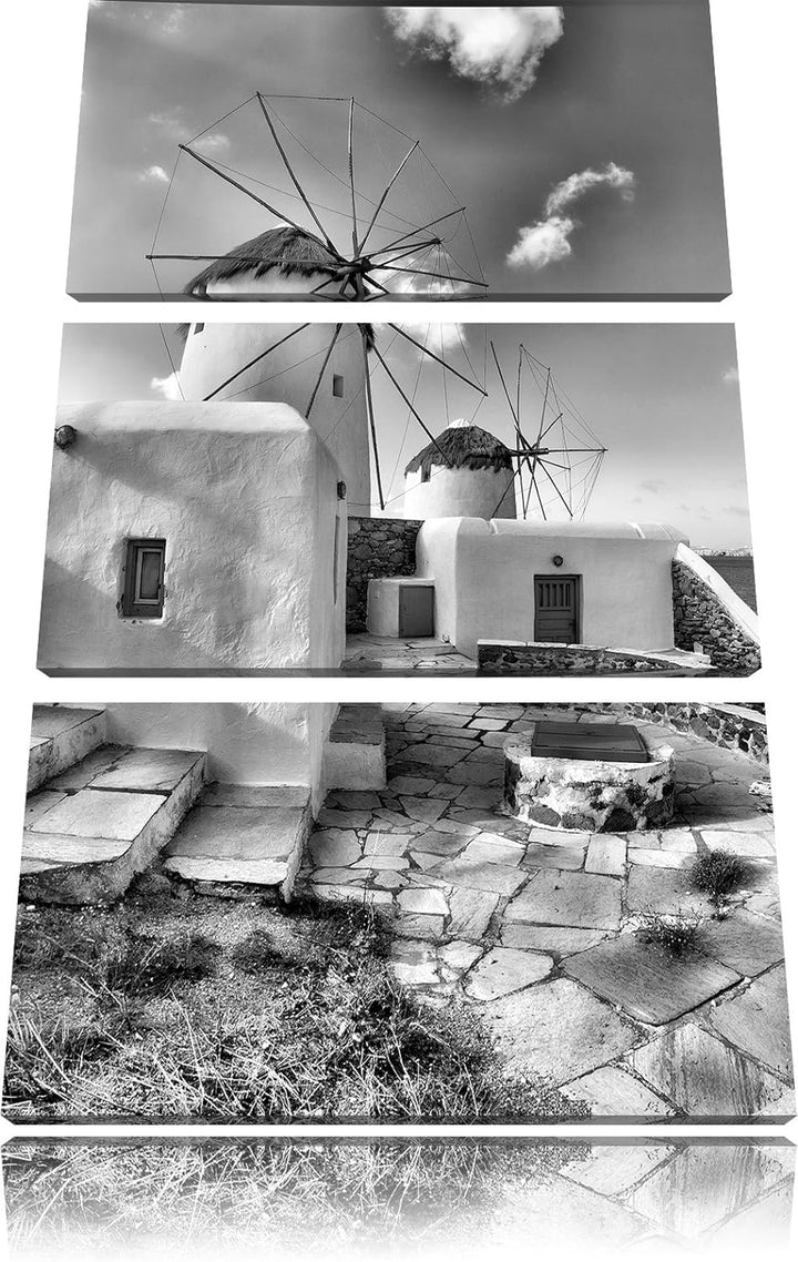 Pixxprint Windmühlen am Mittelmeer als Leinwandbild/Grösse: 3 Teilig (120x80) cm/Wandbild/Kunstdruck