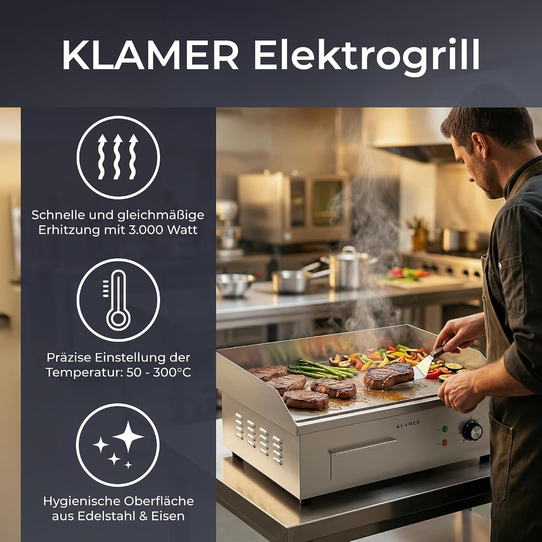 KLAMER Elektrogrill Edelstahl 3000W, XL Grillplatte 54,5x38,5 cm Tischgrill Maxi-Grill Glatt, Maxi-G
