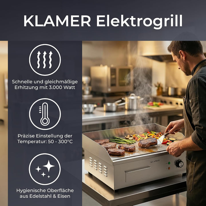 KLAMER Elektrogrill Edelstahl 3000W, XL Grillplatte 54,5x38,5 cm Tischgrill Maxi-Grill Glatt, Maxi-G