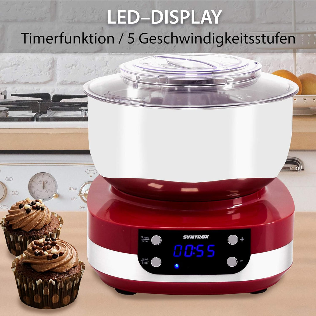 Syntrox Germany KM-800W RED Küchenmaschine Knetmaschine Mixer, Edelstahl-Behälter, 5 Liter