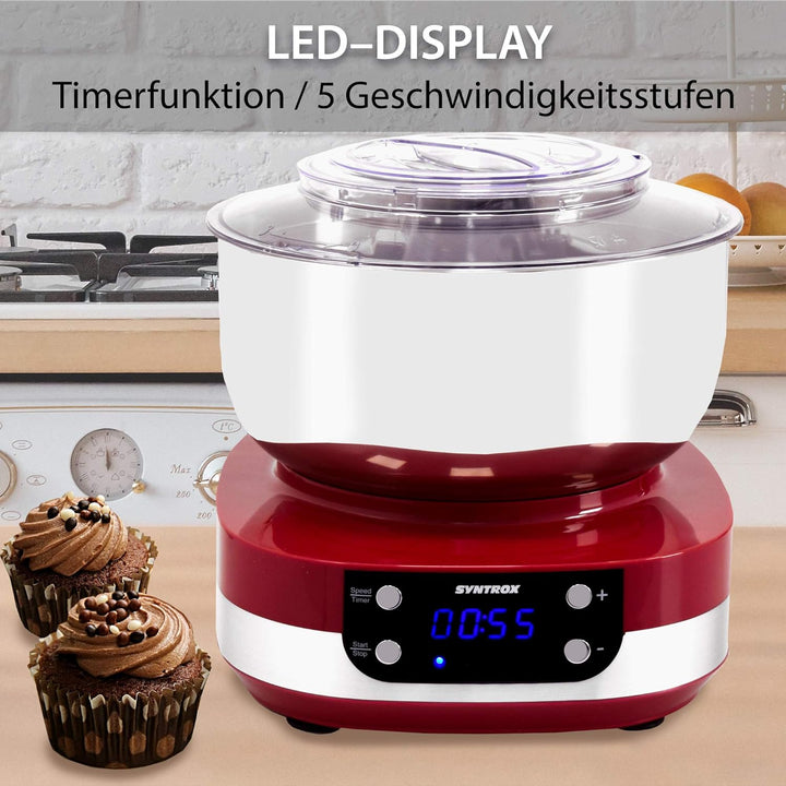 Syntrox Germany KM-800W RED Küchenmaschine Knetmaschine Mixer, Edelstahl-Behälter, 5 Liter
