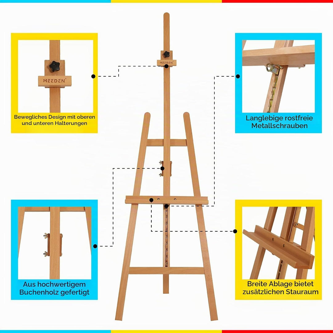 MEEDEN Basic Staffelei aus Holz: Staffelei für Bodenmalerei, Einstellbare Höhe von 145 bis 193 cm (5