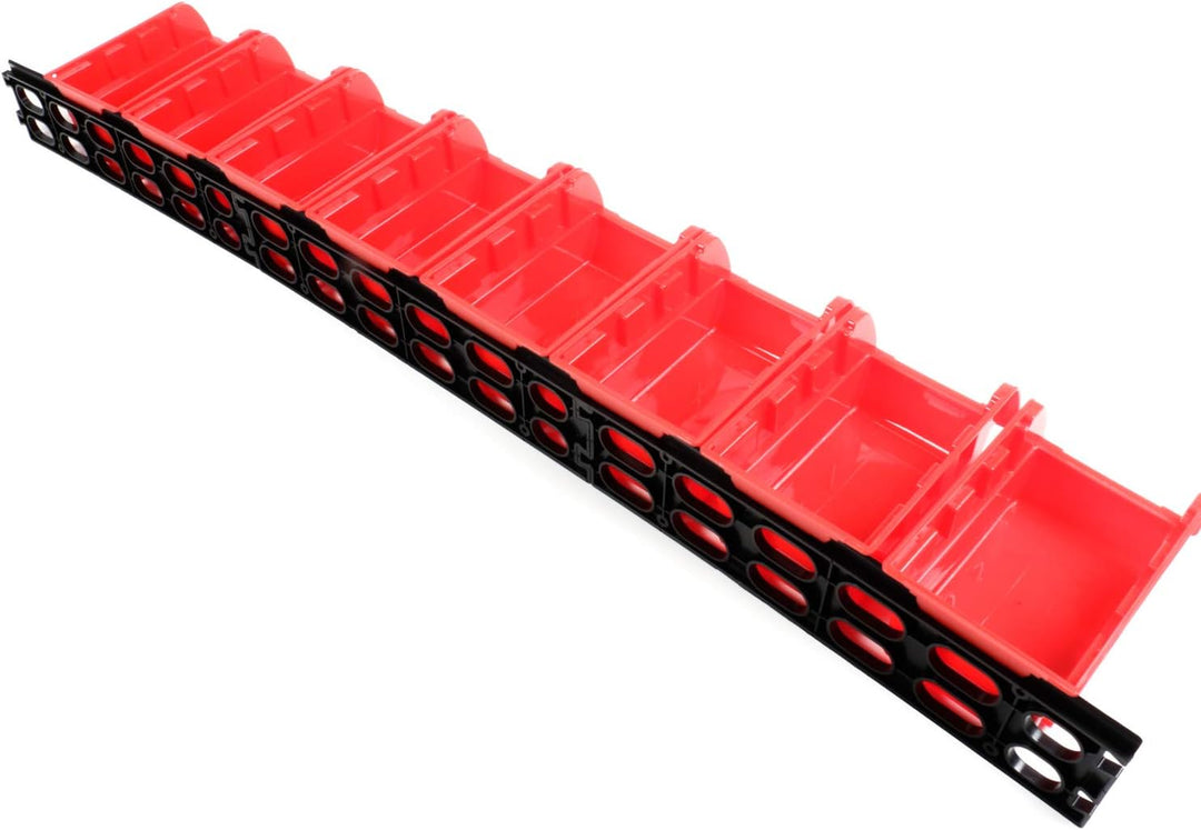 8 Stapelboxen mit Aufhängeschiene von Kinzo Storage, Kunststoff, ca. 10 x 16 cm pro Box, rot