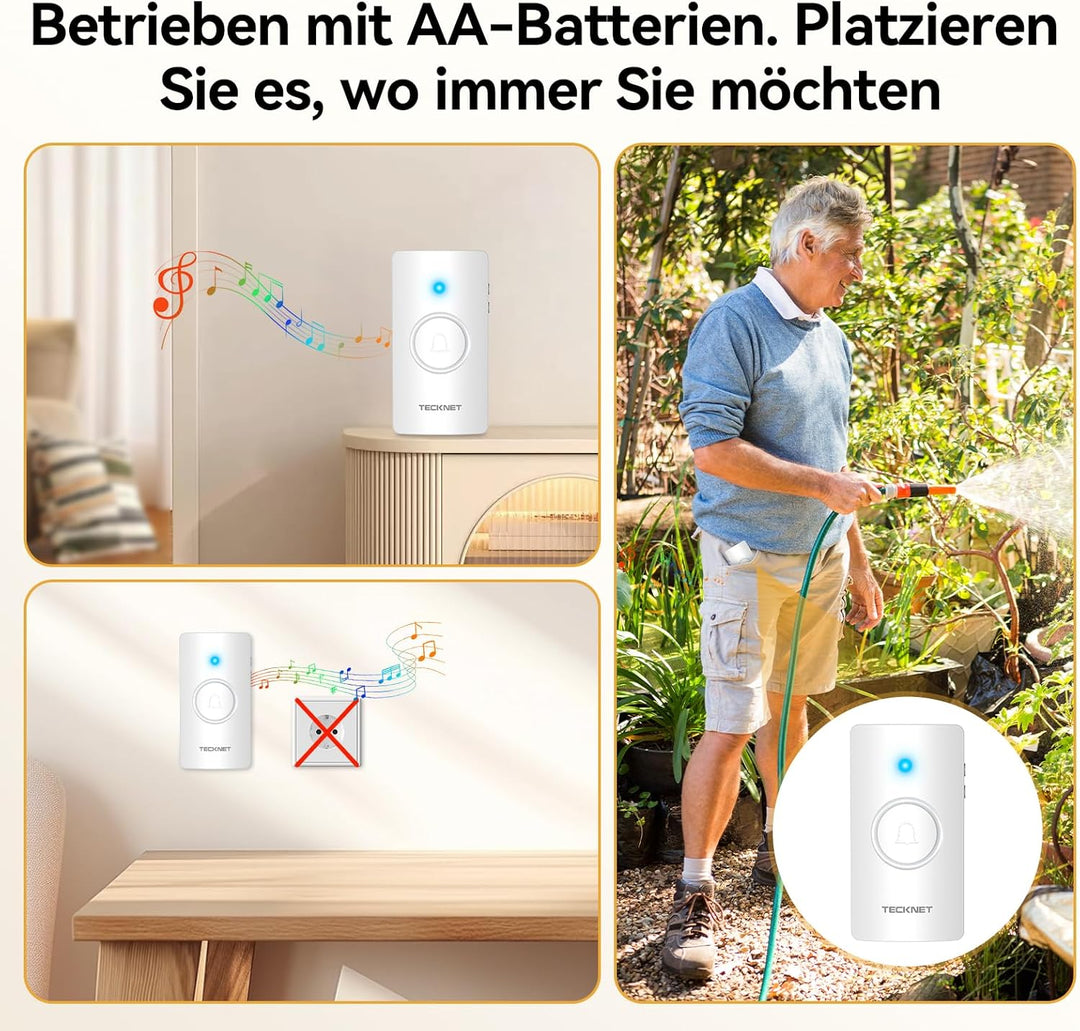 TECKNET Funkklingel, Funkklingel aussen wasserdicht IP65, Funk Klingel Kabellos 400m, Klingel Funk m