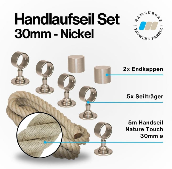 Handlaufseil Set 30mm - bestehend aus 2 Endkappen 5 Seilträger vernickelt und 5m "Nature Touch" Hand