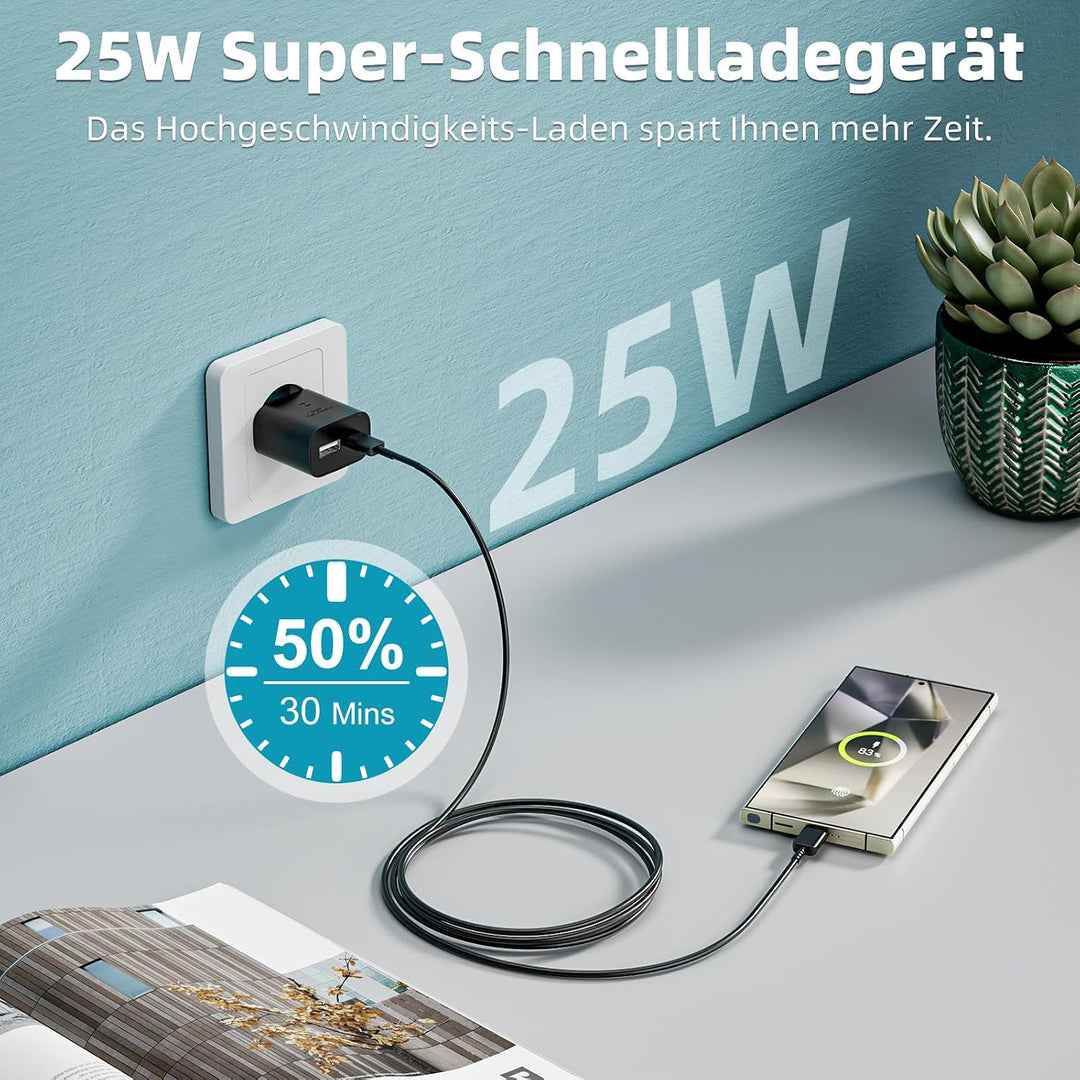 2er-Pack 25W USB C Ladegerät Super Fast Charger mit 2M Typ C Ladekabel, 2-Port USB-A&amp;USB-C Handy Net