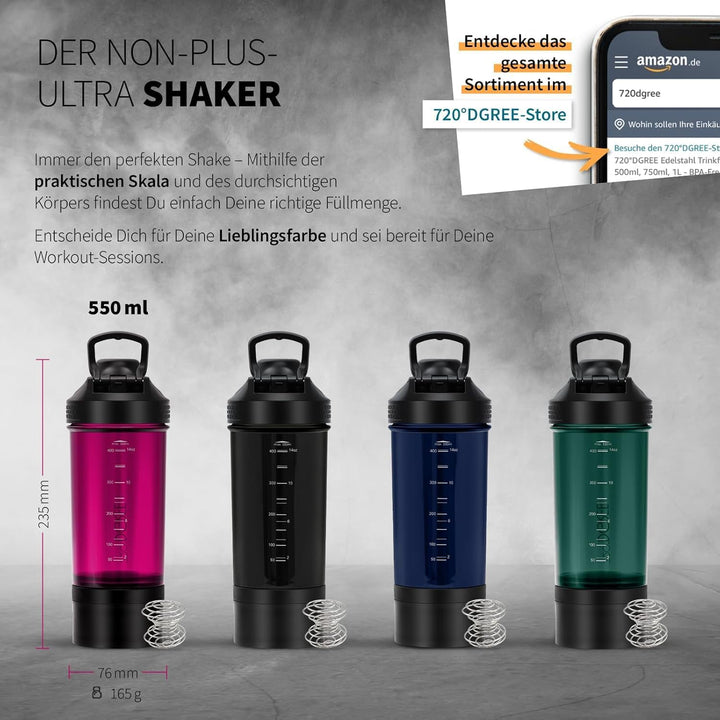 720°DGREE Protein Shaker mit Pulverfach 550ml “uberShaker“ – Auslaufsicher, BPA-Frei, Skala, Spiralm