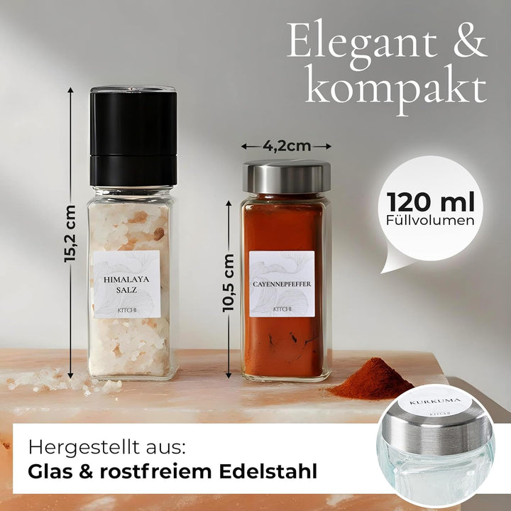 KITCHI Gewürzgläser 24er Set mit 2 Mühlen – Edelstahl Deckel – Eckige Form – 120 ml - luftdicht Silb