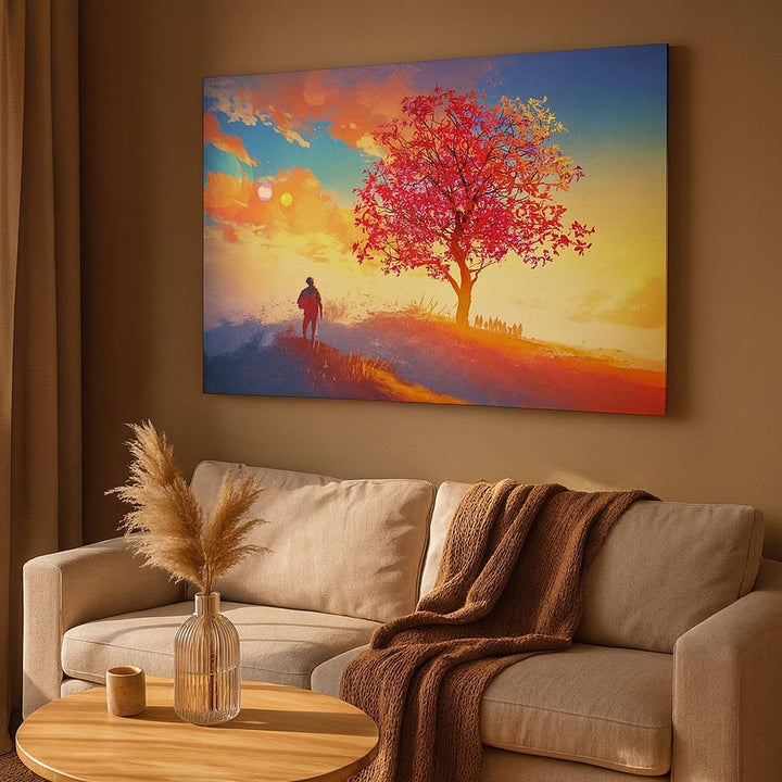 Bilder auf Leinwand Baum Wiese Feld Leinwandbild mit Rahmen 70x50cm Wandbilder Dekoration Wohnzimmer