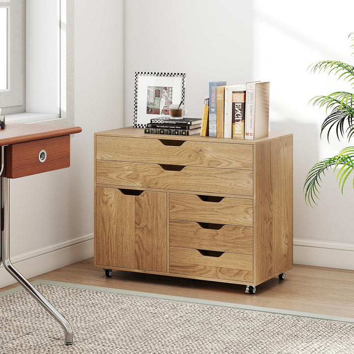KOMFOTTEU Aktenschrank mit Rollen, Bürocontainer mit 5 Schubladen & 1 Schrank, Rollcontainer Schubla