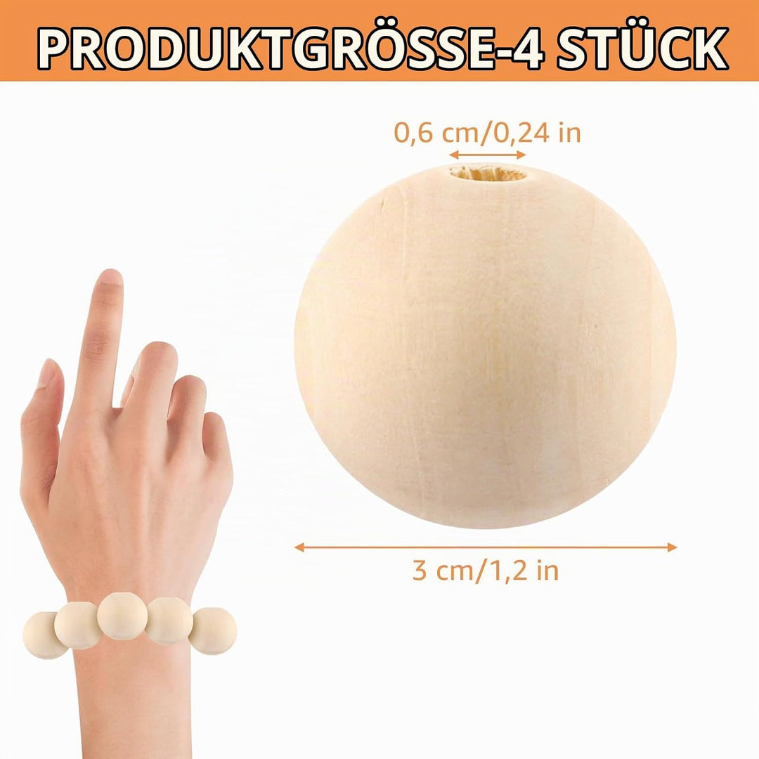 100 Stück 30mm Holzperlen zum Auffädeln mit Bastelseilen, Runde Holzkugeln mit Loch, Unbehandelte Pe
