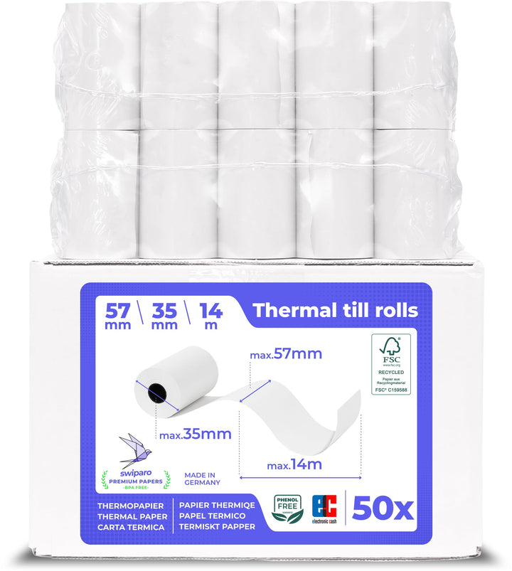 SWIPARO - Ec-Cash Thermorollen 57mm x 14m x 12mm - Kassenrollen - Thermopapier - Bonrollen für Banko