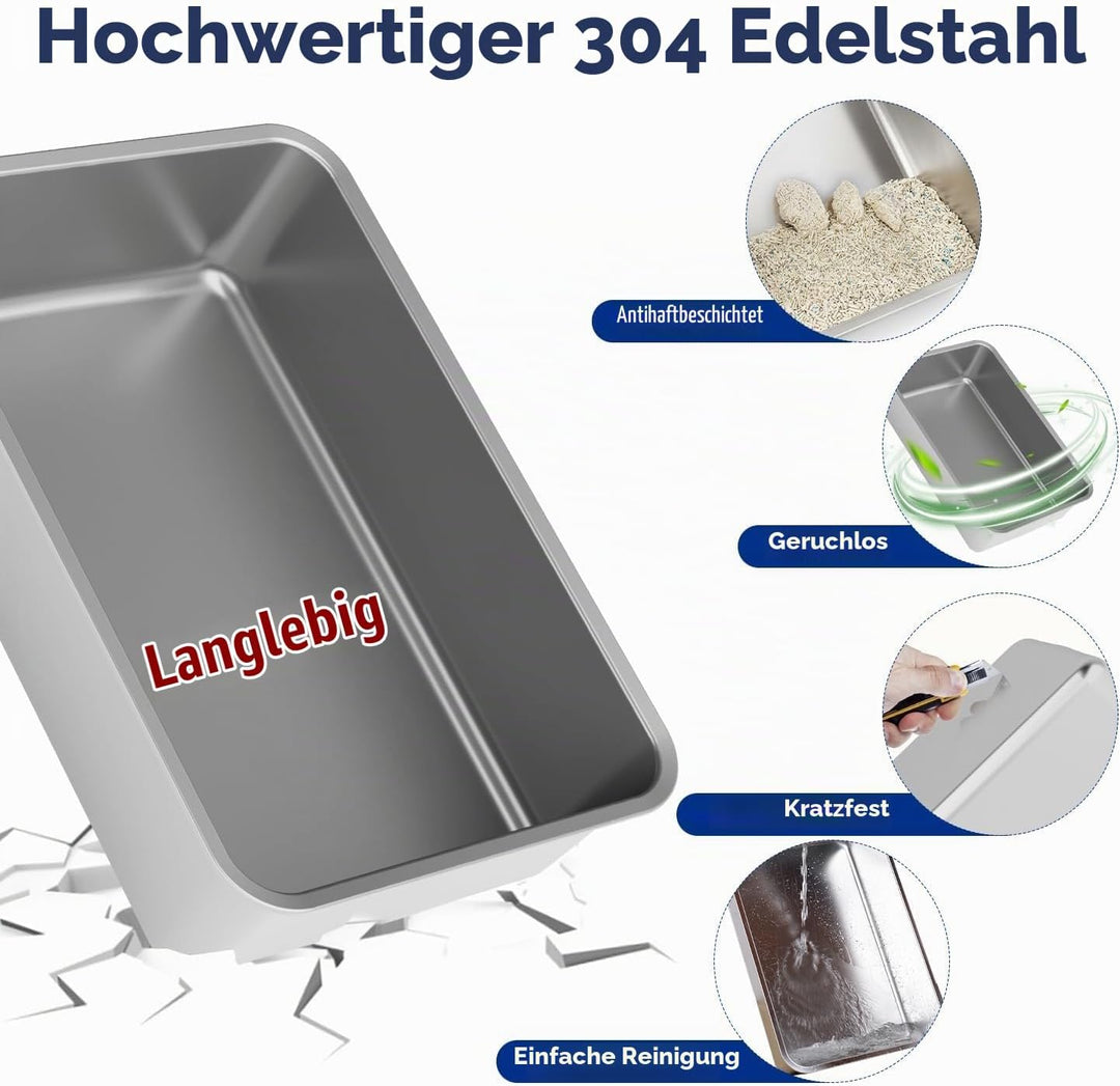 Katzenklo Edelstahl mit Deckel, XL Katzentoilette Geschlossen mit Schaufel, Zwei-Tür-Konfiguration,