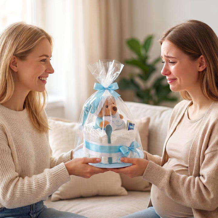 Windeltorte Junge in Blau mit Kuscheltier, Baby Geschenk zur Geburt | handgefertigt, mit Windeln &amp; G